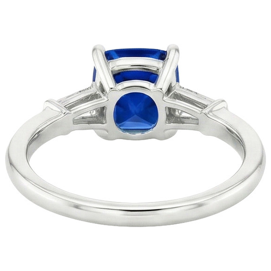 Blue Cushion Sapphire & Baguette Natural Earth Mined Diamonds 3 Stone Ring 2.75 Carats New