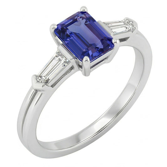 Blue Sapphire 3 Stone Emerald Ring With Baguette Natural Earth Mined Diamonds 2.25 Carats