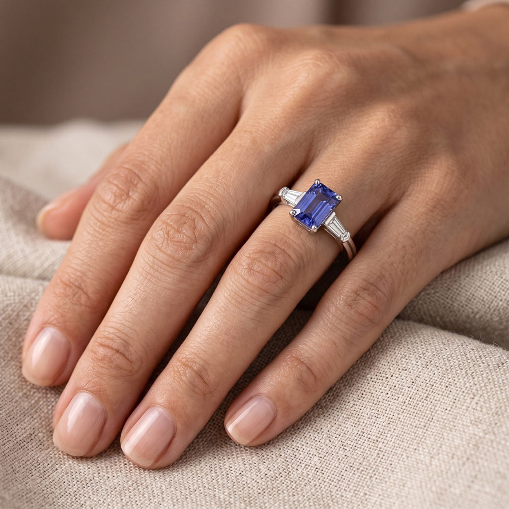 Blue Sapphire 3 Stone Emerald Ring With Baguette Natural Earth Mined Diamonds 2.25 Carats