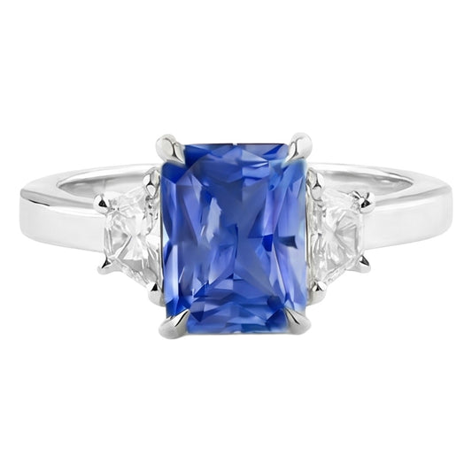 Blue Sapphire 3 Stone Ring Half Moon Natural Earth Mined Diamonds Prong Set 3.50 Carats