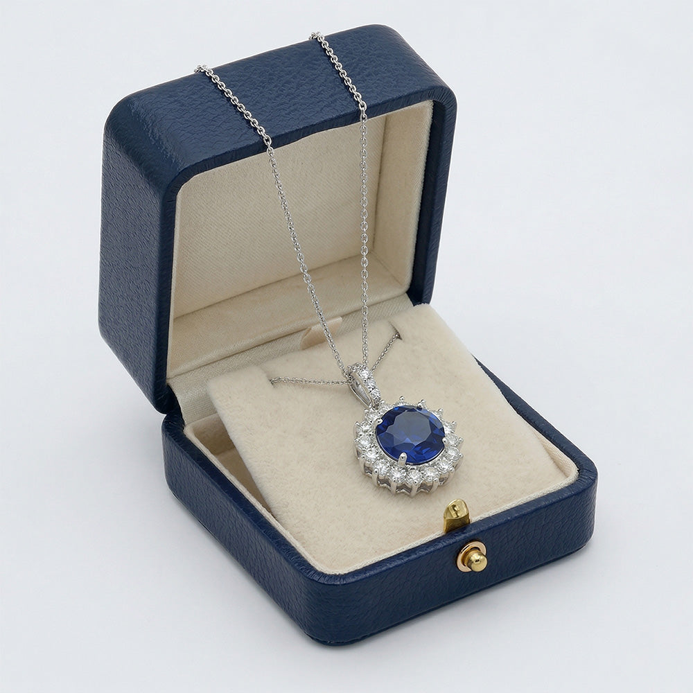 Blue Sapphire And Natural Earth Mined DIAMOND ( NOT LAB GROWN )s Pendant Necklace 8.40 Carats White Gold 14K
