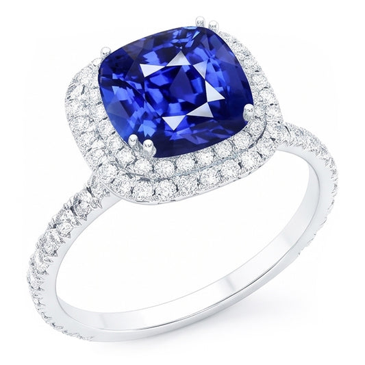 Blue Sapphire Double Halo Ring Gold 14K Natural Earth Mined Diamond Jewellery 5 Carats
