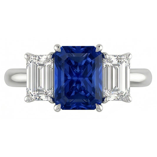Blue Sapphire Engagement Ring 3 Stone 2 Carats Emerald Cut Natural Earth Mined Diamonds