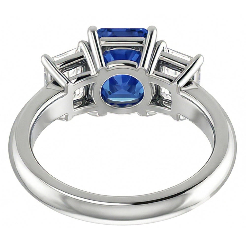 Blue Sapphire Engagement Ring 3 Stone 2 Carats Emerald Cut Natural Earth Mined Diamonds