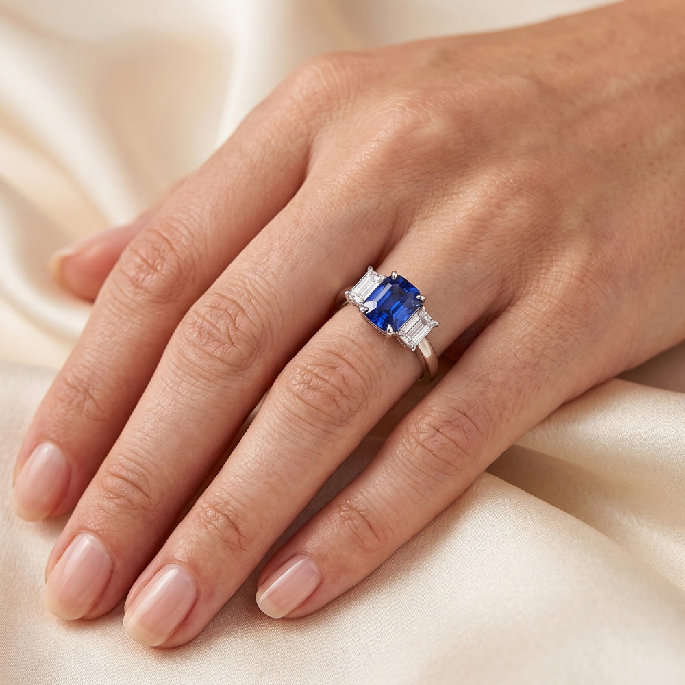 Blue Sapphire Engagement Ring 3 Stone 2 Carats Emerald Cut Natural Earth Mined Diamonds