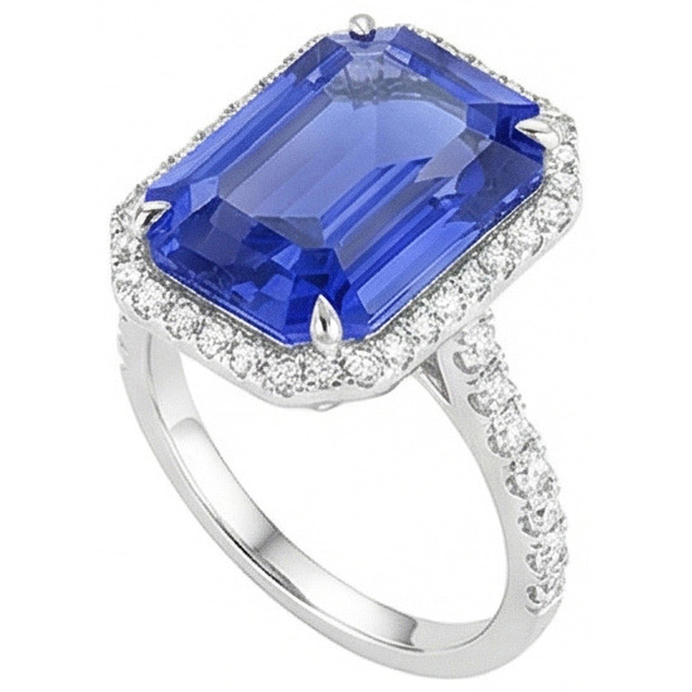 Blue Sapphire Halo Emerald Cut Ring 5.50 Carats Natural Earth Mined Diamonds Jewellery
