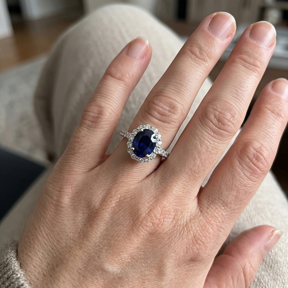 Blue Sapphire Halo Engagement Ring Oval & Round Natural Earth Mined Diamonds 5.50 Carats