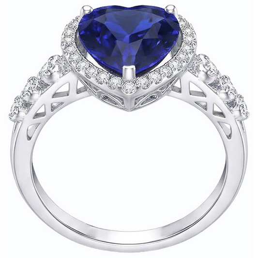 Blue Sapphire Halo Heart Cut Ring & Round Natural Earth Mined Diamonds 3.50 Carats