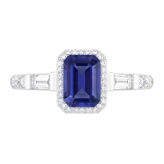 Blue Sapphire Halo Ring With Baguette & Round Natural Earth Mined Diamonds 1.50 Carats