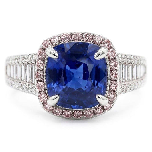Blue Sapphire Halo Ring With Baguette & Round Natural Earth Mined Diamonds 4.5 Carats