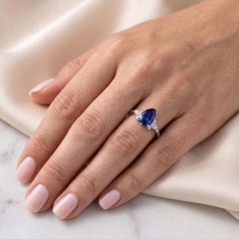 Blue Sapphire Natural Earth Mined Diamond Anniversary Ring 2 Carats Pear Cut Prong Set New