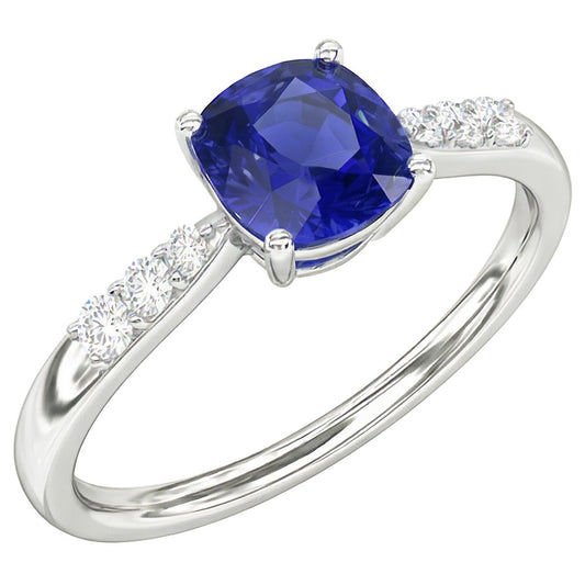 Blue Sapphire Natural Earth Mined Diamond Cushion Engagement Ring 2 Carats White Gold