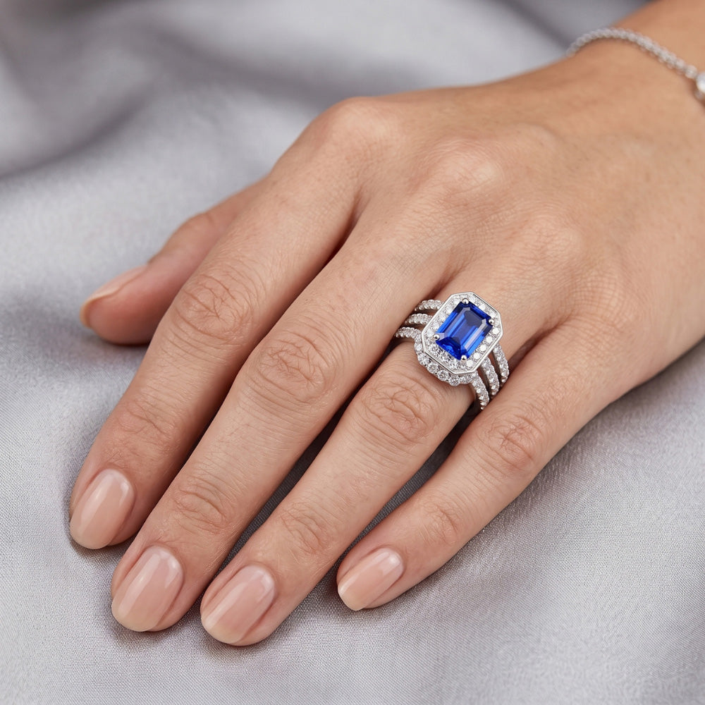 Blue Sapphire Natural Earth Mined Diamond Engagement Ring Set 3.50 Carats Pave Set Jewellery