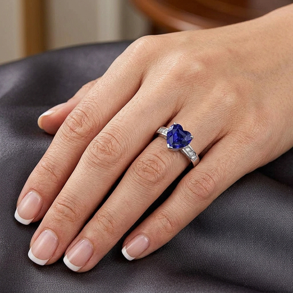 Blue Sapphire Natural Earth Mined Diamond Ring Heart Cut Gemstone Gold 14K 2.50 Carats