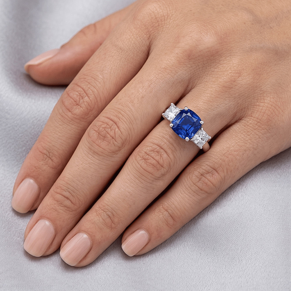 Blue Sapphire Three Stone Ring & Cushion Natural Earth Mined Diamonds 2 Carats Gold 14K