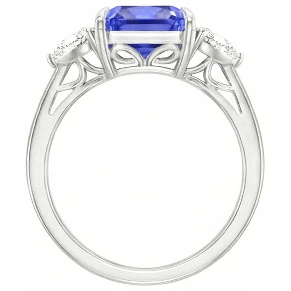 Blue Sapphire Trilliant Natural Earth Mined Diamond 3 Stone Ring 3 Carats Trellis Setting