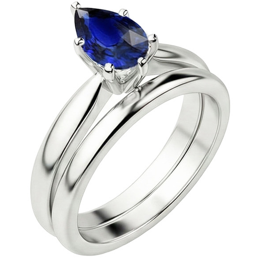 Blue Sapphire Wedding Ring Set Solitaire Pear Cut Sri Lankan 2 Carats