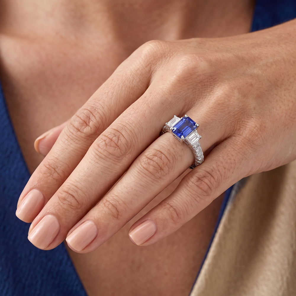 Blue Sapphire & Natural Earth Mined Diamond Ring 3 Stone Style & Accents 3.50 Carats