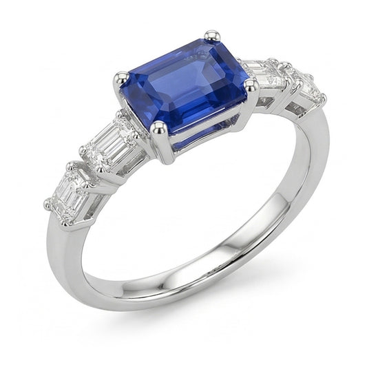 Blue Sapphire & Natural Earth Mined Diamond Ring Emerald 2.50 Carats 5 Stone Jewellery