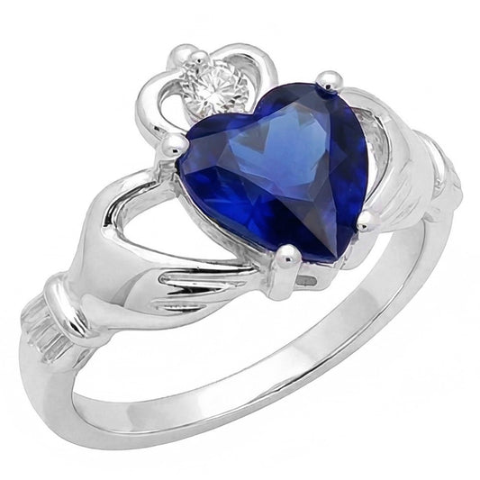 Blue Sapphire & Natural Earth Mined Diamond Ring Heart Shaped 2.25 Carats White Gold 14K