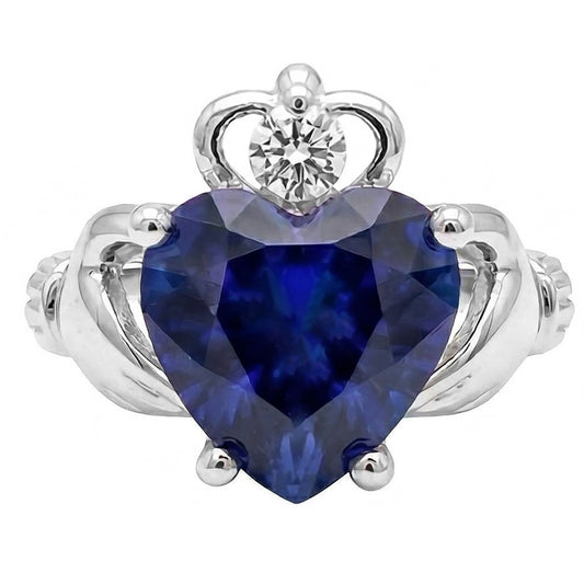 Blue Sapphire & Natural Earth Mined Diamond Ring Heart Shaped 2.25 Carats White Gold 14K