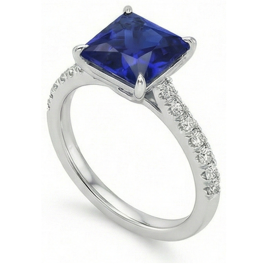 Blue Sapphire & Natural Earth Mined Diamond Solitaire Accents Ring 5.50 Carat Princess Cut