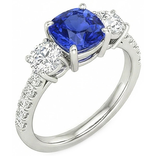 Blue Sapphire & Round Natural Earth Mined Diamond Ring 3.50 Carats 3 Stone Style Jewellery
