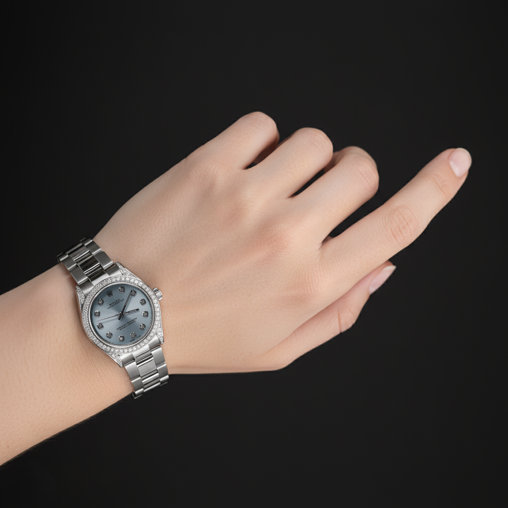 Blue Custom Natural Earth Mined Diamonds Dial Midsize No Date Rolex Watch Bracelet Ss P2