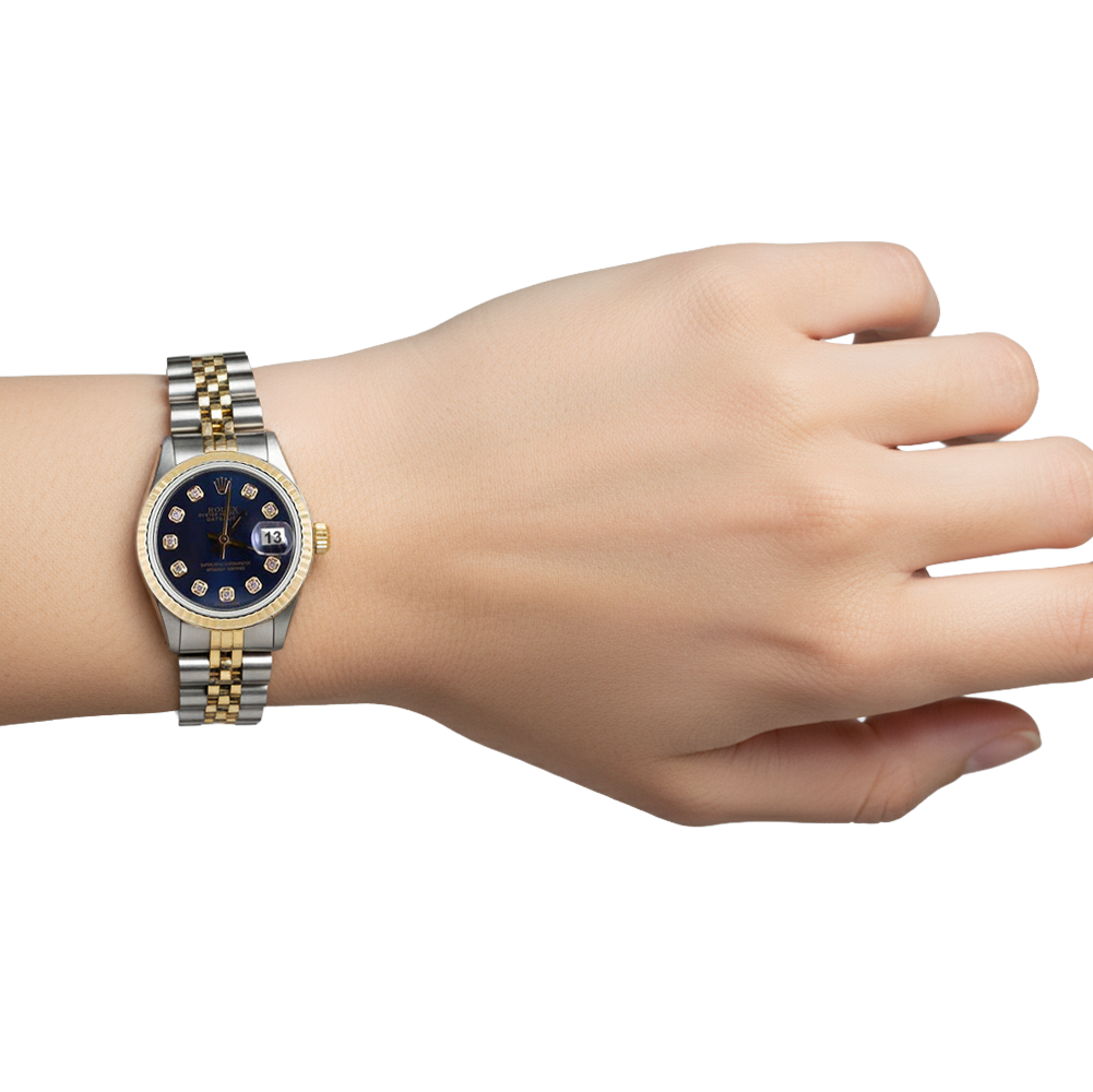 Blue Natural Earth Mined Diamond Dial Fluted Bezel Rolex Dj Watch Ss & Gold Jubilee P4