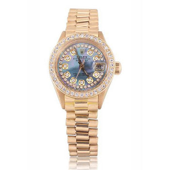Bluish Gray Mop String Diamond Dial Ladies Yellow Gold-Rolex Watch
