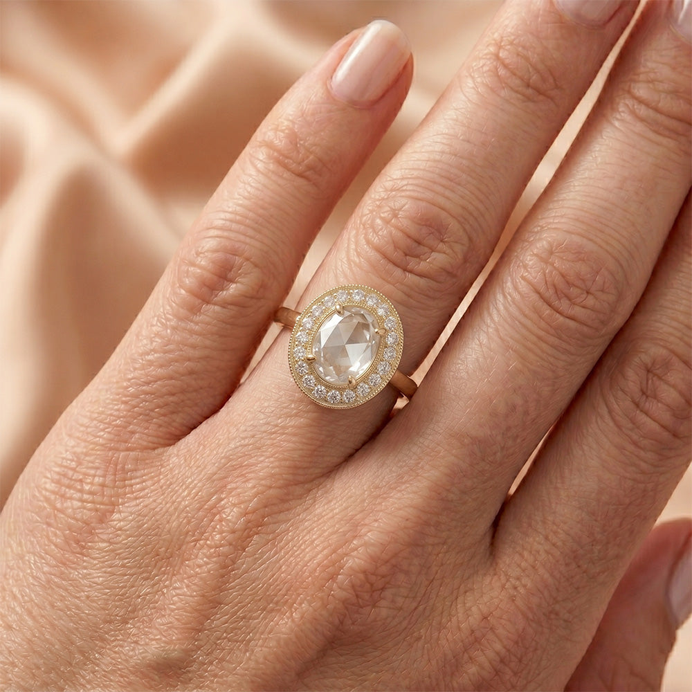 Brilliant Diamond Rose Cut Halo Setting Ring 2 ct in 14 Karat