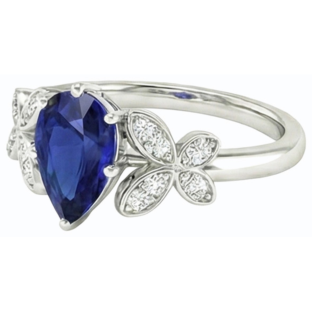 Butterfly Natural Earth Mined Diamond Engagement Ring Pear Ceylon Sapphire 3 Carats