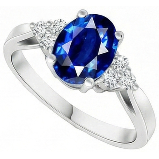 Cathedral Setting Oval Ceylon Sapphire & Natural Earth Mined Diamond Ring White Gold