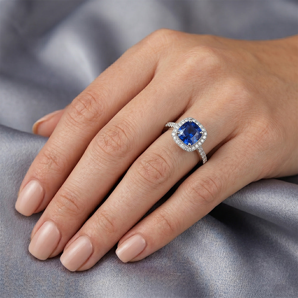 Ceylon Blue Sapphire Halo Natural Earth Mined DIAMOND ( NOT LAB GROWN )s Ring 4 Ct 14K White Gold