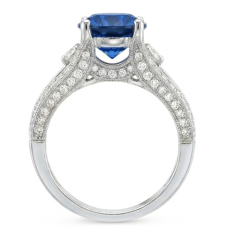 Ceylon Blue Sapphire With Natural Earth Mined Diamonds Ring 4 Ct White Gold 14K