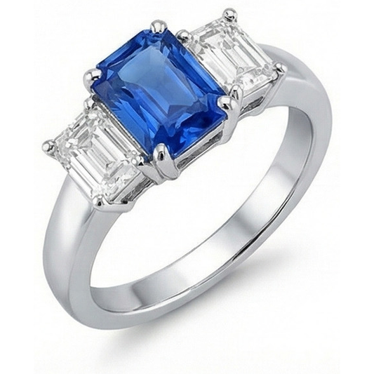 Ceylon Sapphire 3 Stone Ring Radiant & Emerald Natural Earth Mined Diamonds 2.50 Carats