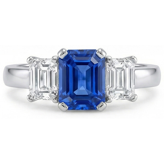 Ceylon Sapphire 3 Stone Ring Radiant & Emerald Natural Earth Mined Diamonds 2.50 Carats
