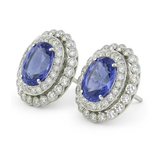 Ceylon Sapphire Round Oval Natural Earth Mined DIAMOND ( NOT LAB GROWN ) Halo Stud Earrings 5.50 Ct. WG 14K
