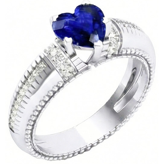 Ceylon Sapphire & Natural Earth Mined Diamond Ring Heart Cut Milgrain Shank 2 Carats