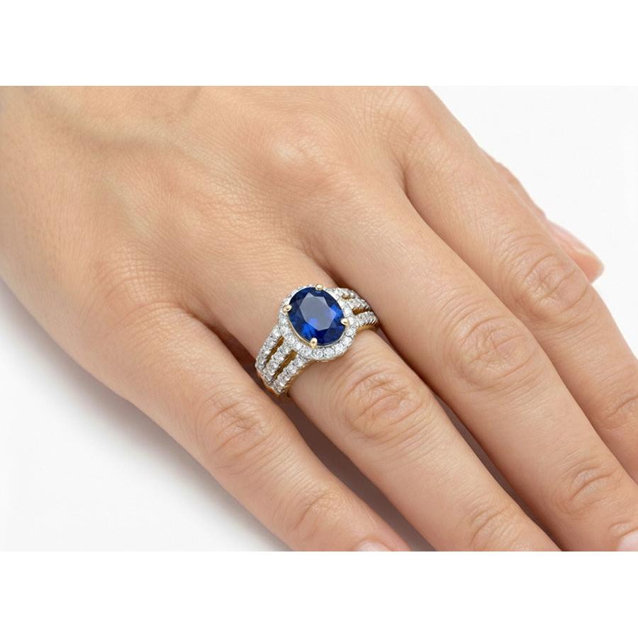 Ceylon Sapphire Oval And Round Natural Earth Mined Diamonds Ring Gold 14K 3.51 Carats