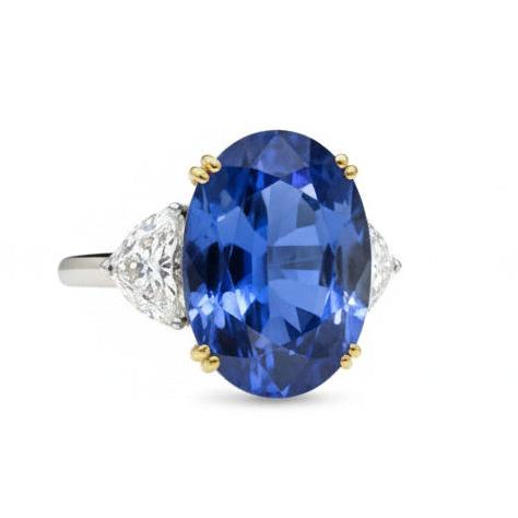Ceylon Color Sapphire Oval And Trillion IGI CERTIFIED Diamonds Ring 3-Stone