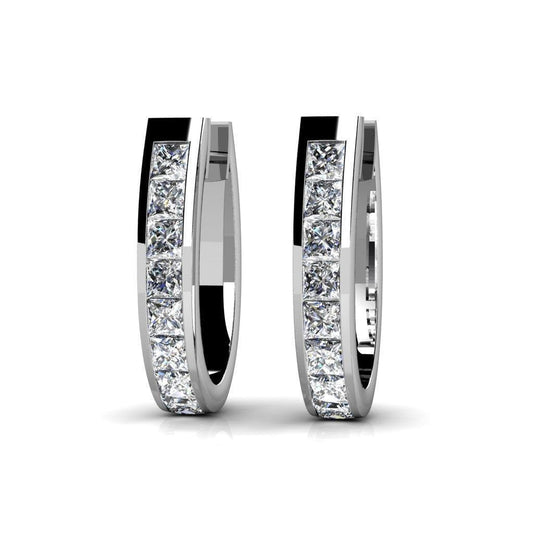 Channel Set 2.40 Ct Princess Cut Natural Diamonds Hoop Earrings White Gold 14K