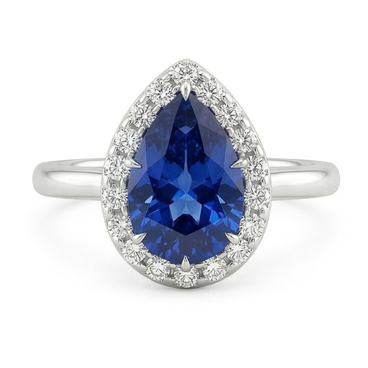 Classic Halo Natural Earth Mined Diamond Ring Pear Sapphire Center Gold 14K 6.75 Carats