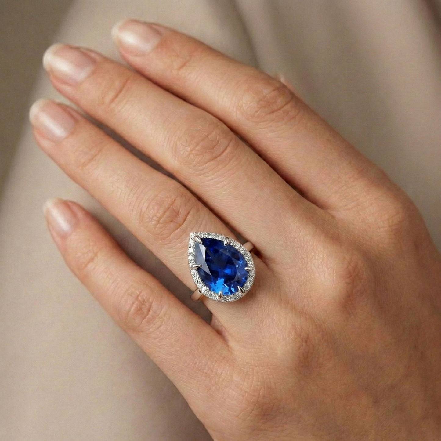 Classic Halo Natural Earth Mined Diamond Ring Pear Sapphire Center Gold 14K 6.75 Carats