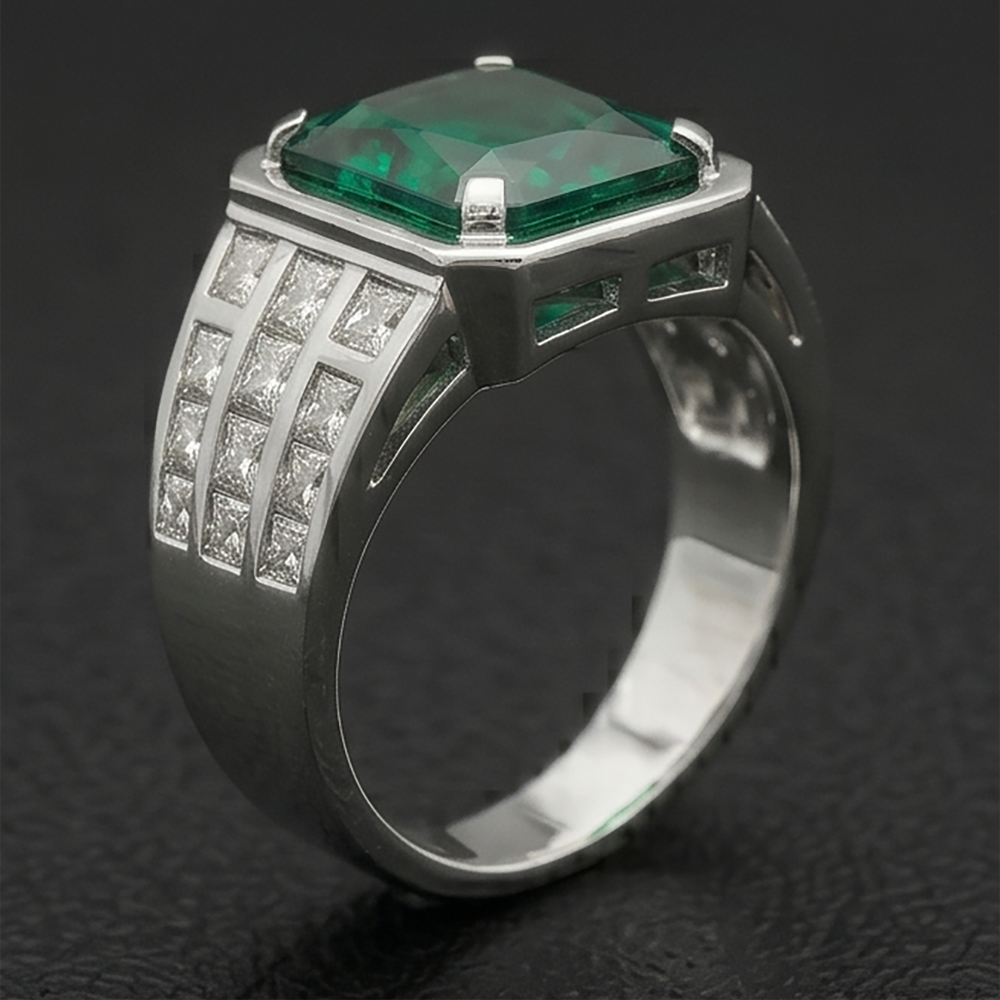Colombian Emerald Radiant Cut Mens Ring 11.00 ct in 10K White