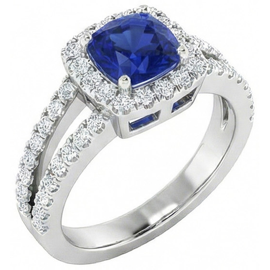 Cushion Blue Sapphire With Natural Earth Mined DIAMOND ( NOT LAB GROWN )s 4.50 Carats Ring White Gold 14K