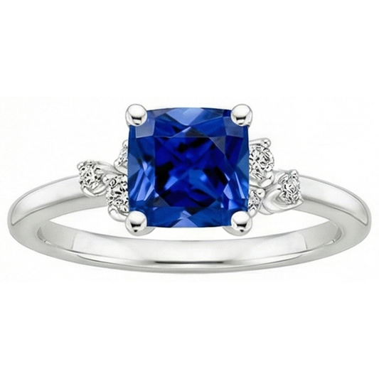 Cushion Blue Sapphire & Natural Earth Mined Diamond Engagement Ring 2.50 Carats White Gold