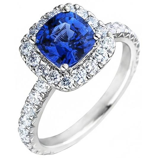 Cushion Ceylon Blue Sapphire With Natural Earth Mined Diamonds 2.50 Ct. Ring