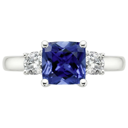 Cushion Ceylon Sapphire Natural Earth Mined Diamond 3 Stone Ring 3.25 Carats