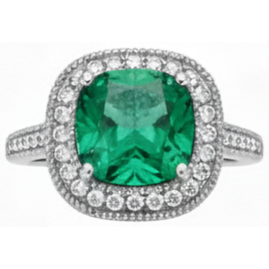 Cushion Cut Green Emerald And Natural Earth Mined Diamond Wedding Ring White Gold 14K 6.5 Ct